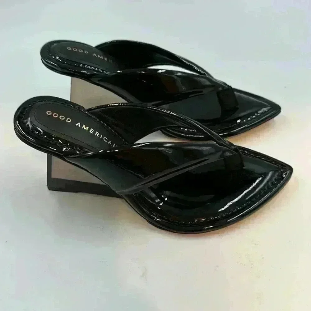 🆕 NWT, Good American shoe bag and box size 5 black patent leather thong … - Picture 5 of 12